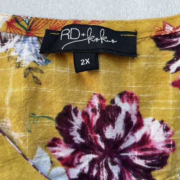 RD Koko Linen Shirt Women 2X Yellow Floral Button Up Top Front Tie V Neck Blouse - Picture 4 of 10
